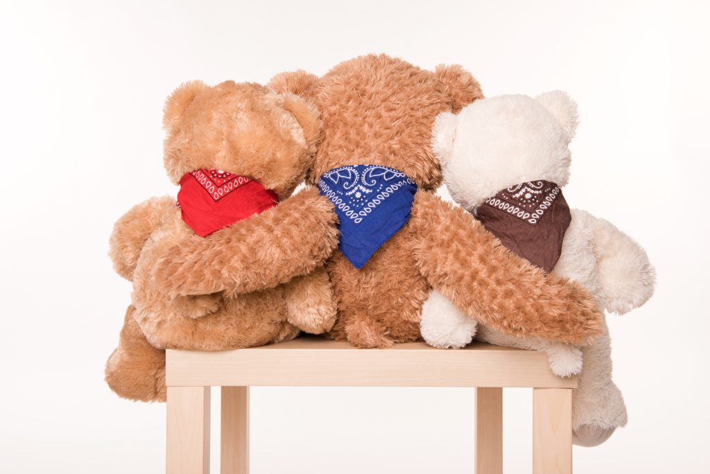 drei teddys von hinten mit halstüchern